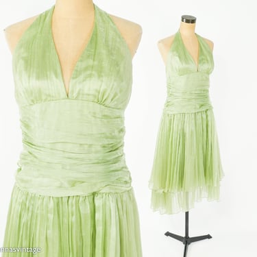 1990s Light Green Halter Party Dress | 90s Green Halter Evening Dress | Medium 