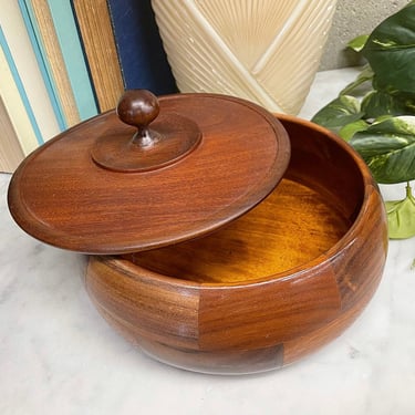 Vintage Bowl with Lid Retro 1960s Mid Century Modern + Handmade + Wood + Checkered + Patchwork + Storage + Container + MCM + Home Decor 