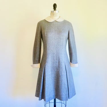 1970's Gray Wool Day Dress Cream Contrast Peter Pan Collar Mod Style School Girl 70's Fall Winter Dresses Kate Danzig Size Medium 
