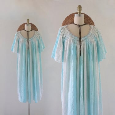 imperfect billowy gauze tent dress - vintage 80s grecian full loose comfortable cotton full aqua summer made in Greece crochet lace 