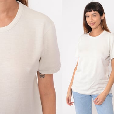 White Wool T Shirt Vintage 80s Thermal Shirt Cotton Lined Undershirt Short Sleeve Shirt Plain T-Shirt Layering Tshirt Top 1980s Medium 