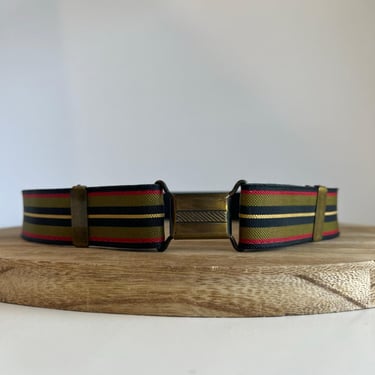 Vintage 90s Green Retro Striped Fabric Adjustable Hook Waist Belt - Size Small 