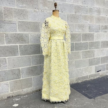 Vintage Dress 1970s Handmade + Baby Yellow + Floral Applique + Organza + Prom Dress + Evening Gown + Maxi Length + Womens Apparel 