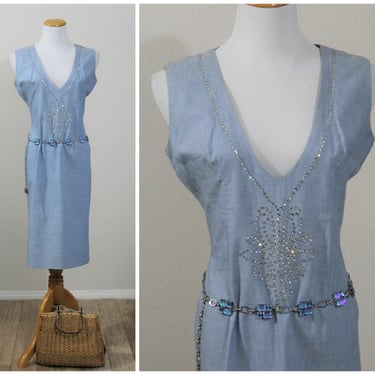 Vintage 60's Fancy Chambray Blue Cotton Day Wiggle Dress Set Rhinestone Decoration Si Si Miami // Modern Size Large 