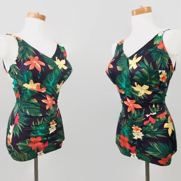 VINTAGE 70s Roxanne Bra Sized Swimsuit Retro 50's Style Tropical Print | Skirted Hips Modest | Pinup One Piece Swimwear | Cups 12 34 DD vfg 