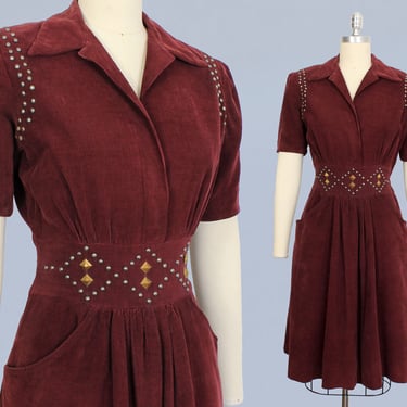 1930s Dress / Late 30s Early 40s Sporty Red Corduroy STUDDED Day Dress 