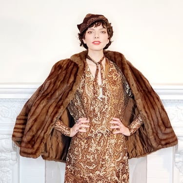 1940s Brown Fur Jacket Convertible Wrap Stole Dyed Russian Squirrel - M 