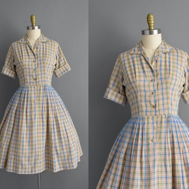 1950s vintage dress | Blue & Green Plaid Print Cotton Shirtwaist Dress | Medium | 50s dress 