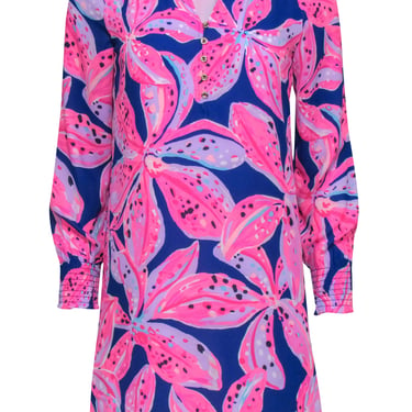 Lilly Pulitzer - Blue & Hot Pink Floral Dress w/ Notched Neckline Sz XXS