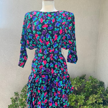 Vintage 80s Gillian cocktail silk dress floral  print ruffles with belt Sz 12 Medium 