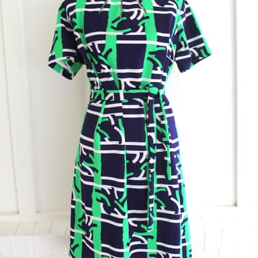 MCM - Mod - Op Art Abstract Print - Navy and Lime - Keyholes - Sheath - Marked size 22 1/2 