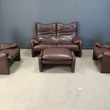 Vintage leather Maralunga sofa set by Vico Magistretti for Cassina, 1973 - vintage maralunga sofa set - brown leather maralunga sofas 