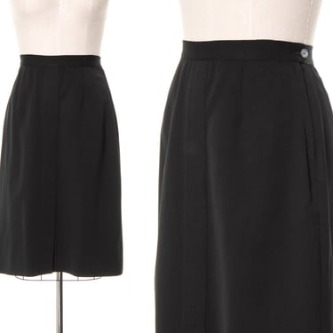 Vintage 1940s 1950s Pencil Skirt | 40s 50s Black Wool Gabardine High Waisted Wear to Work Minimalist Vamp Secretary Skirt (large) 