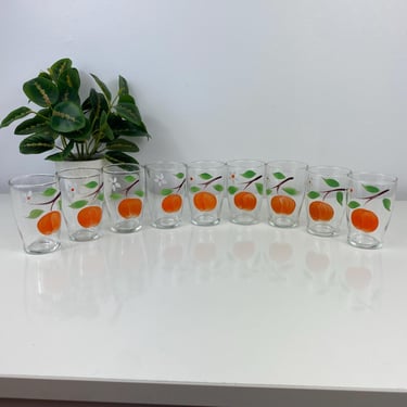 Vintage Hand Painted Orange Small Juice Glasses, Circa 70s, Summer Cocktails, Juice Glass, Lowball Tumblers, Set of 9 Stacking Glasses 