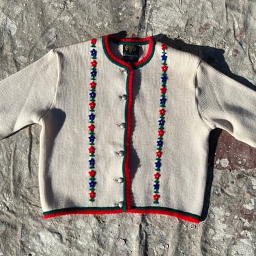 80’s vintage beige Austrian wool cardigan with floral embroidery 