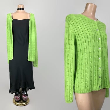 VINTAGE 90s Lime Green Oversized Cable Knit Cardigan Sweater by Pierre Cardin | 1990s Grunge Style Grandma Sweater | 100% Cotton XL 