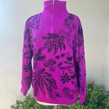 Vintage 80s New Wave pullover sweater tropical theme Large Esprit Sport 