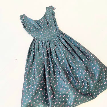 1950s Green + Pink Umbrella Print Taffeta Gown 