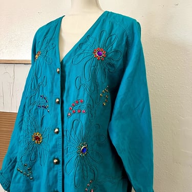 Vintage 80s Teal Cotton Oversized Embellished Floral Daisy Studded House Coat 