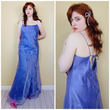 Y2K Vintage Periwinkle Purple Rhinestone Dress / 90s Florencia Fiume Bias Cut Out Mermaid Maxi Gown / Size XL 