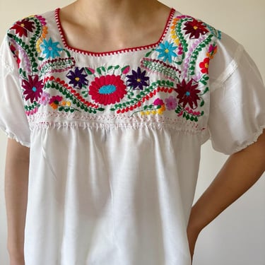 vintage Mexican blouse embroidered floral blouse traditional folk peasant puebla blouse white 