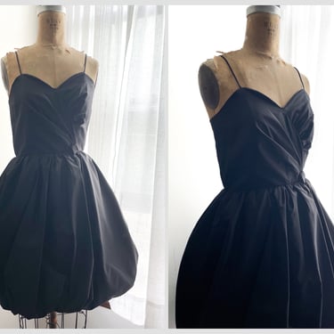Vintage ‘80s bubble hem pouf dress, swishy black taffeta mini dress, XS 