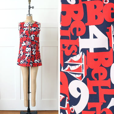vintage 1960s mod font mini dress • "4 Bells" nautical novelty print cotton canvas tunic 