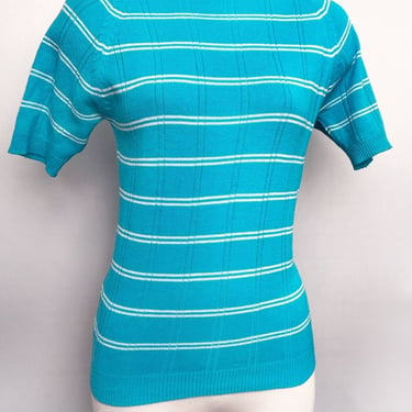 60's Blue Mod Beatnik Top Shirt Pullover Knit Sweater 1960's Mid Century MCM Blue Stripe 1950s Vintage Mock Neck gogo 50's 