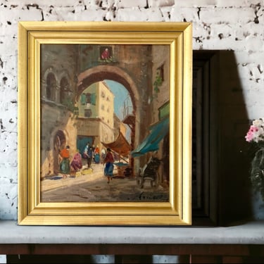 13 X 15" Framed oil painting. European street scene featuring people. Original vintage art in Impressionist style. Artist signed OOAK 