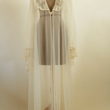 Vintage 1970's Sheer Bell Sleeve Lace Detail Robe by Faris 