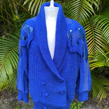 Vintage Oversized Sweater Royal Blue With Snakeskin Patchwork Knit Medium 80’s 