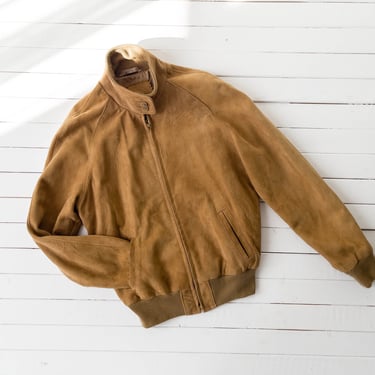 brown leather jacket | 70s 80s vintage Golden Bean tan light brown suede short leather bomber jacket 