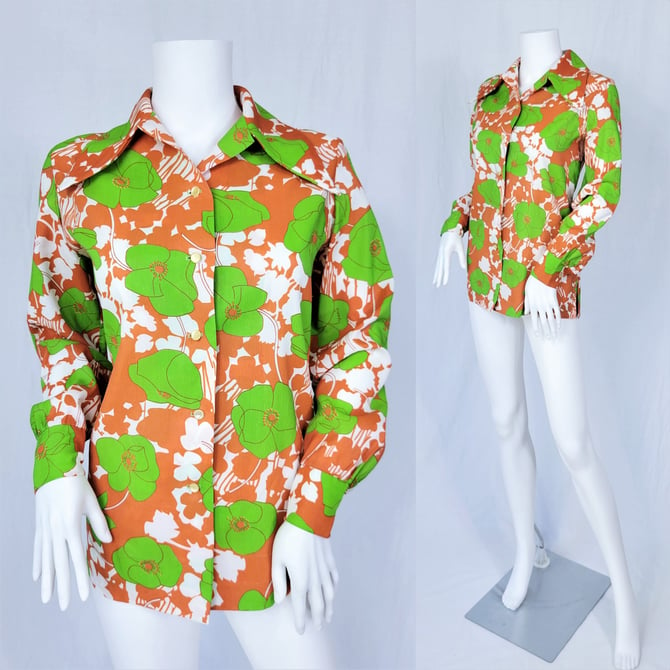 Graff 1970's Green Orange Poppy Floral Print Dagger Collar Button Down Blouse I Shirt I Top I Sz Med I Klopman Mills 1972 