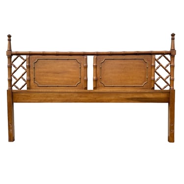 Chinese Chippendale King Headboard by Dixie Aloha - Vintage Faux Bamboo Fretwork Wood Post Hollywood Regency Palm Beach Bedroom Furniture 