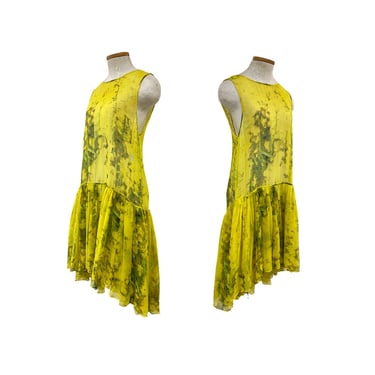 Vtg Vintage Y2K 00s Neon Highlighter Yellow Splattered Silk Drop Waist Dress 