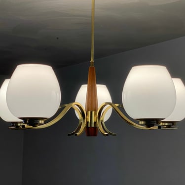 Brass and Walnut Chandelier by Moe Light, Circa 1960 | Cool Cat