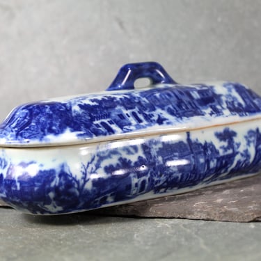 Antique Flow Blue Victoria Ware Covered Condiment Dish | Ironstone Butter Dish | Three Compartment Trinket Dish | Bixley Shop 