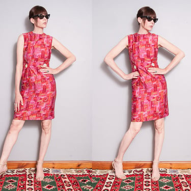 Vintage 1960's | Patterned | Cotton | Mid Century | Fitted | Mini | Dress | S 
