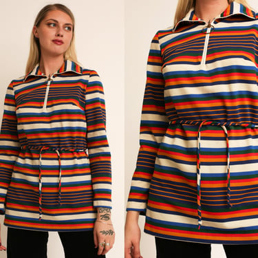 Vintage 1970s 70s Rainbow Striped Long Sleeve Top Blouse w/ O-Ring Zipper and Waist Tie 