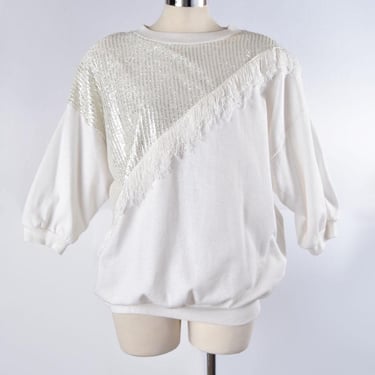 1980's White Silver Fringe Sweatshirt Pullover, T shirt, Western Metallic Top tshirt Cotton Fleece Vintage Medium 