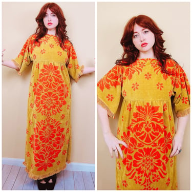 1970s Vintage Terry Cloth Maxi Dress / 70s / Seventies Orange and Yellow Fringe Towel Gown / Medium 