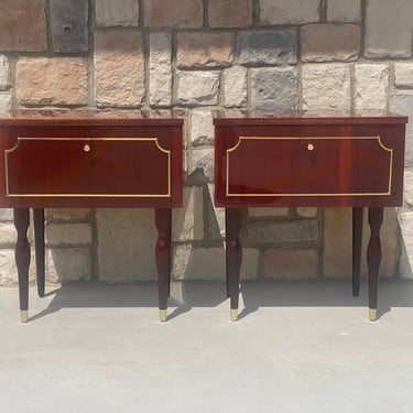 Pair of MCM Mahogany Bedside Tables / Nightstands  with Gold Accents 