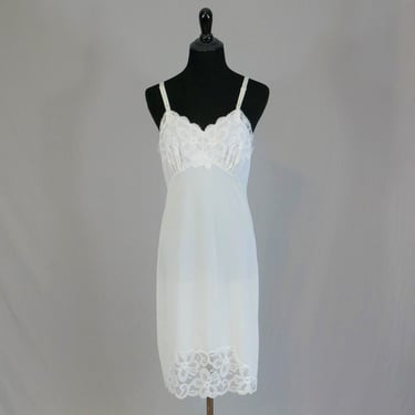 60s White Full Dress Slip - Lace Trim, Satin Flowers - Nylon Slip - Vintage 1960s - Size 34 