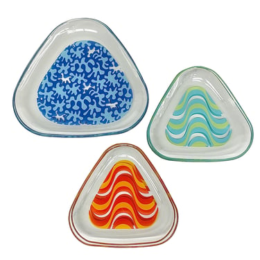 Vintage Triangle Plates Retro 1970s Mid Century Modern + Chance Glass + Abstract Designs + Set of 6 + Snack Size + MCM Kitchen + Serving 