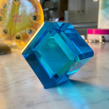 Vintage Mid-Century Blue Glass Paperweight Cube Geometric Form Turquoise 
