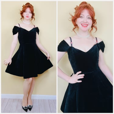 1980s Vintage Black Velour Off Shoulder Dress / 80s / Eighties Ruche Tulle Prom Dress / Medium 