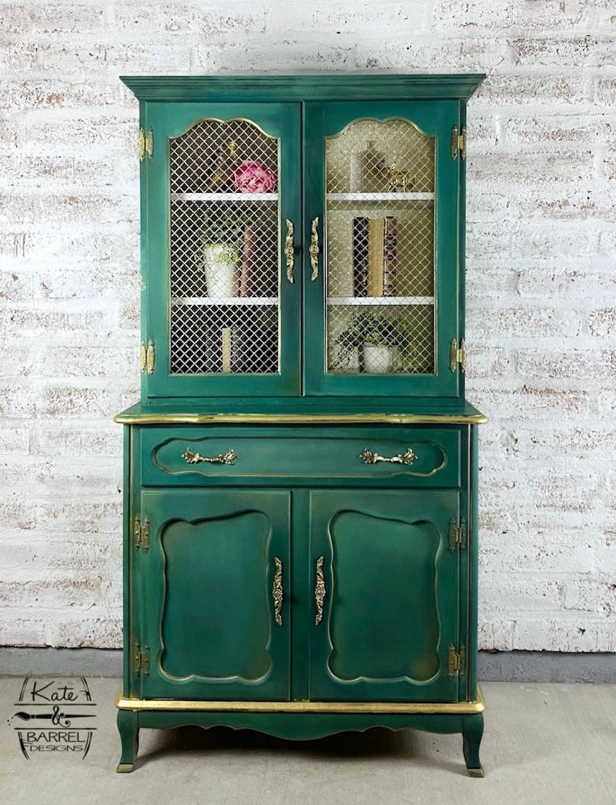 Green & Gold French Provincial China Book shelf, Bar, Or