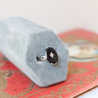 Antique 14kt White Gold, Onyx and Diamond Ring | US 6 3/4 