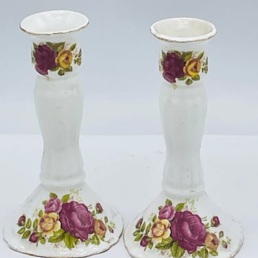 Vintage Pair of Fine Bone China Cottage Rose Candle Holders Candlesticks 