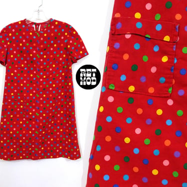 Fun Vintage 70s Red Rainbow Polka Dot Short Sleeve Cotton Shift Dress 